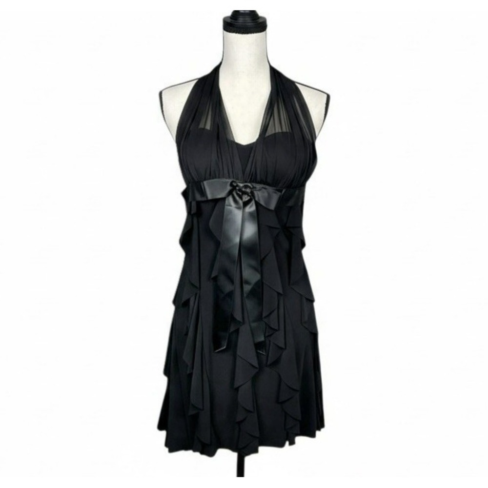 VTG Y2K Betsy Adam Black Halter Ruffle Tier Cocktail Dress Sz S HOCO Whimsigoth